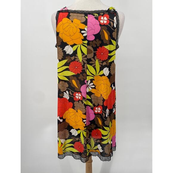 Vintage 60s Floral Slip Negligee Mini Dress Lace Trim Double Strap Womens M - Picture 6 of 7